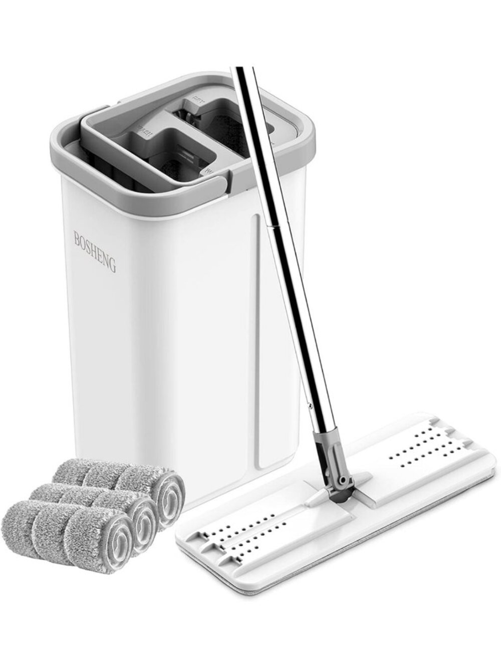 Hands-Free Mop and Bucket Set with Wringer, 3 Washable Microfiber Pads, All